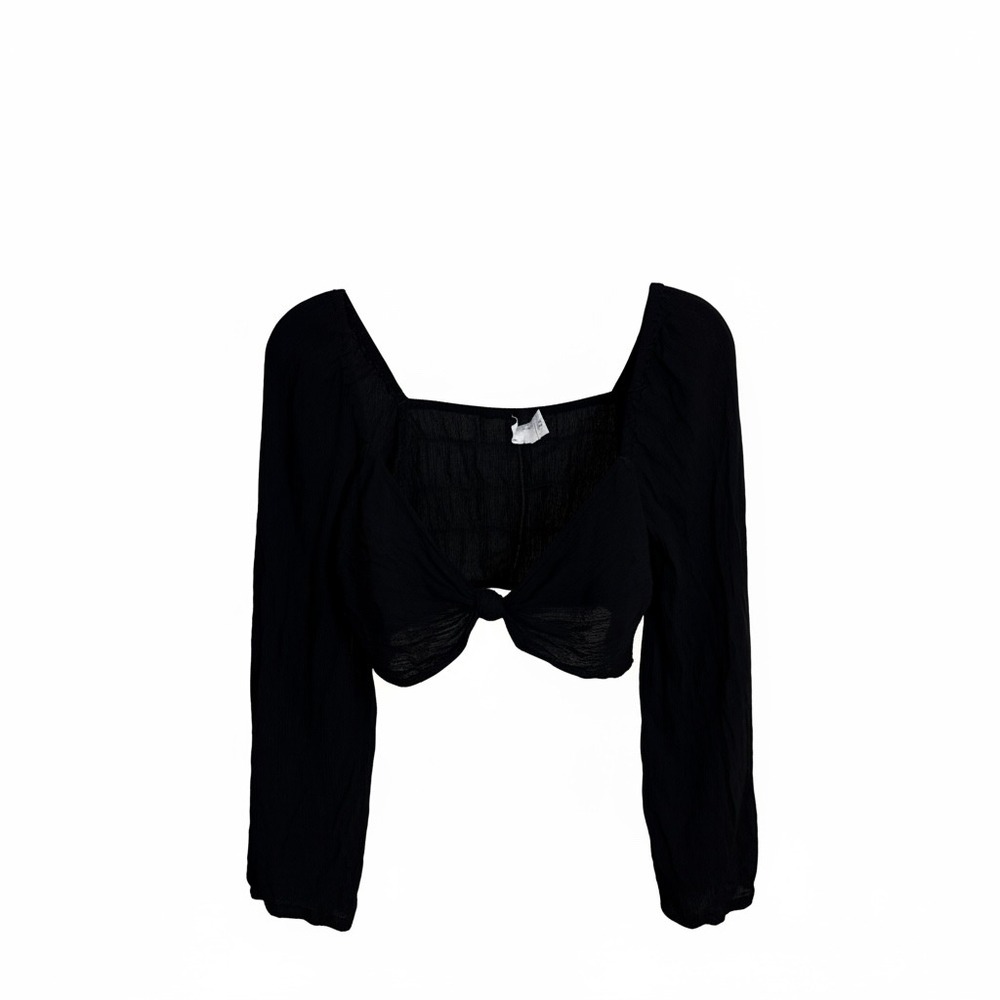 ASOS DESIGN Crop Top Women 8 Black Front Knot Long Sleeve Smocked Back Textured